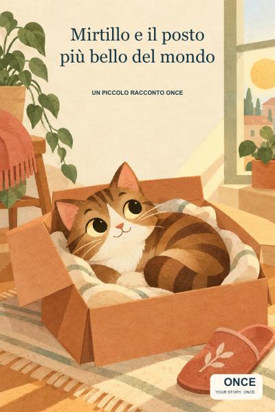 Il gatto Mirtillo in una scatola del trasloco, illustrato con un tratto morbido